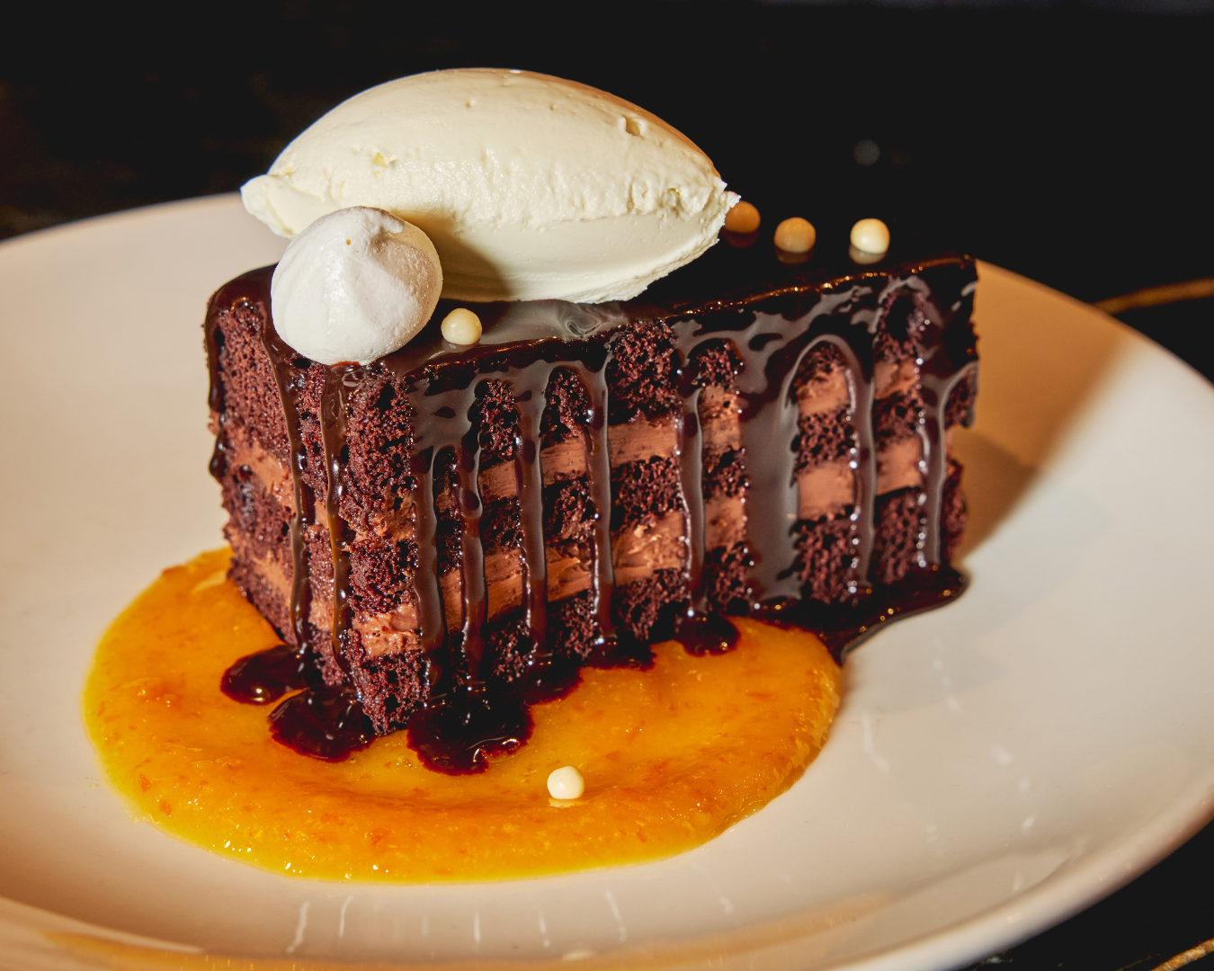 Chocolate layer cake dessert at Grill 23 and Bar Back Bay Boston