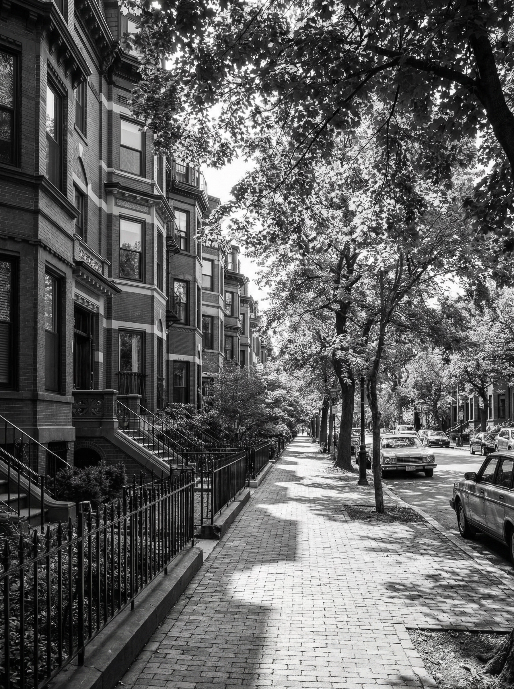 Tree-lined Marlborough Street brownstones in Back Bay Boston