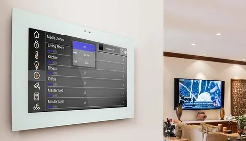 Smart home automation control panel showing media zones and room controls in luxury Boston condo