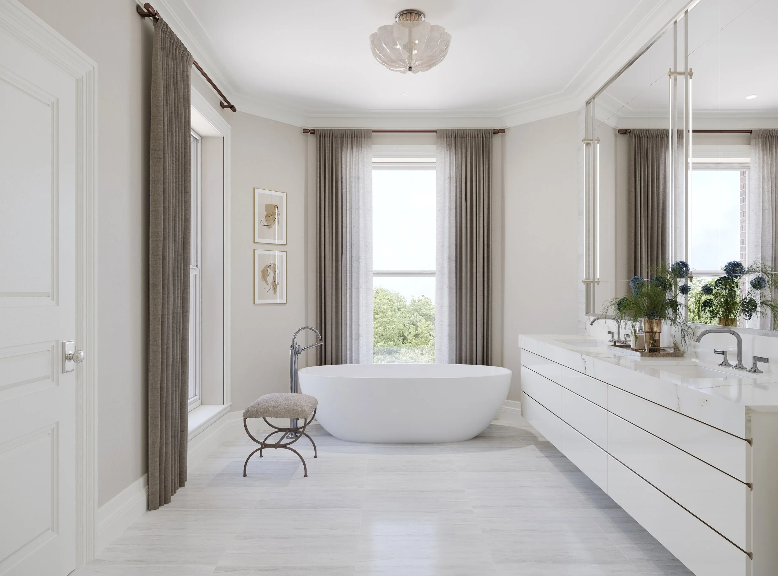 Jordan Mansion spa-caliber bathroom with marble surfaces and premium fixtures