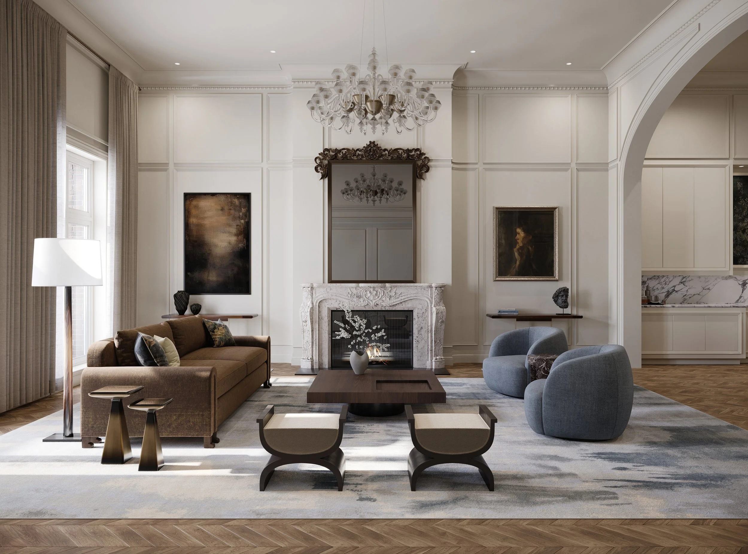 Jordan Mansion Boston luxury living room with chevron white-oak floors restored fireplace and custom millwork