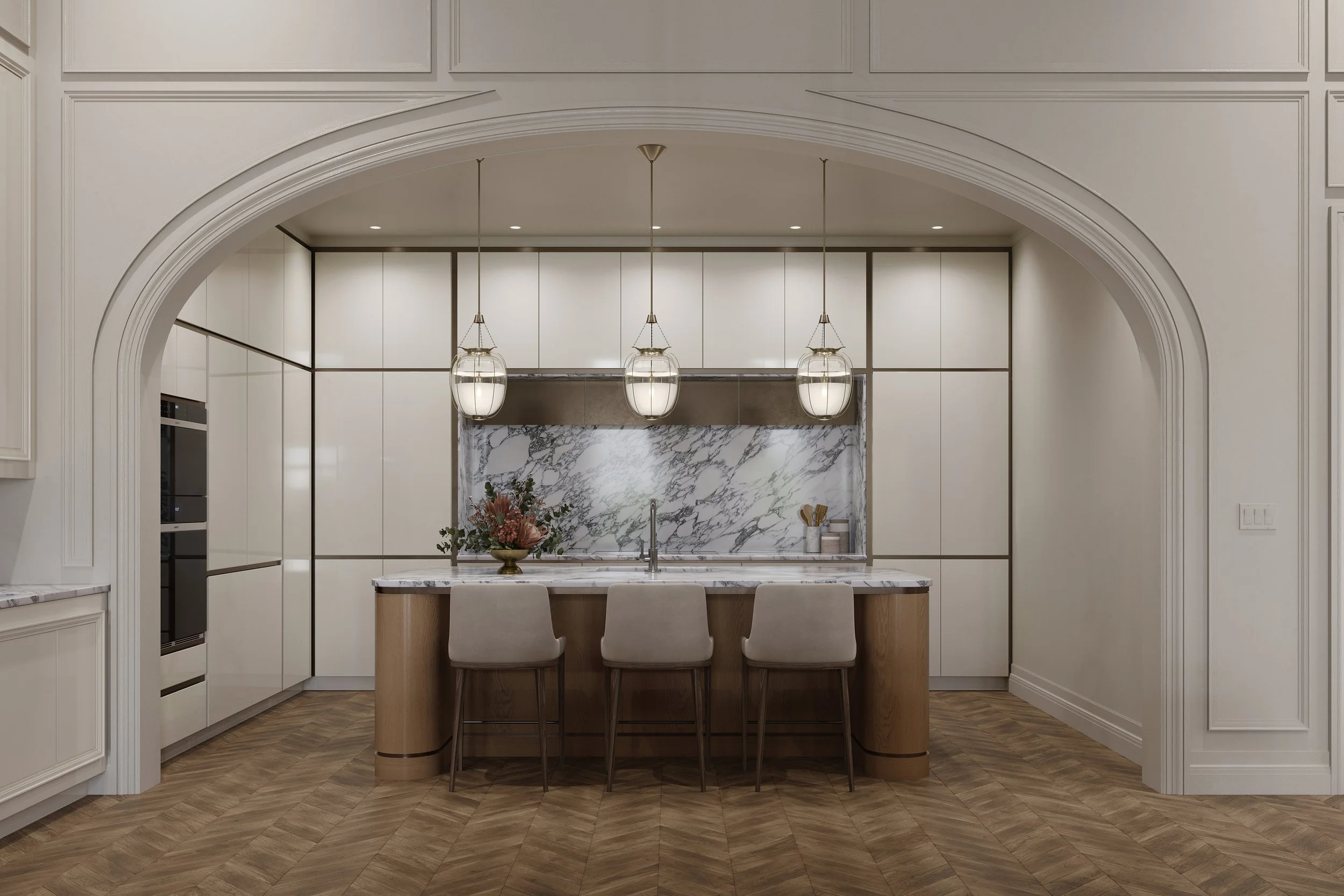 Jordan Mansion Boston custom kitchen with marble countertops and premium Dornbracht fixtures