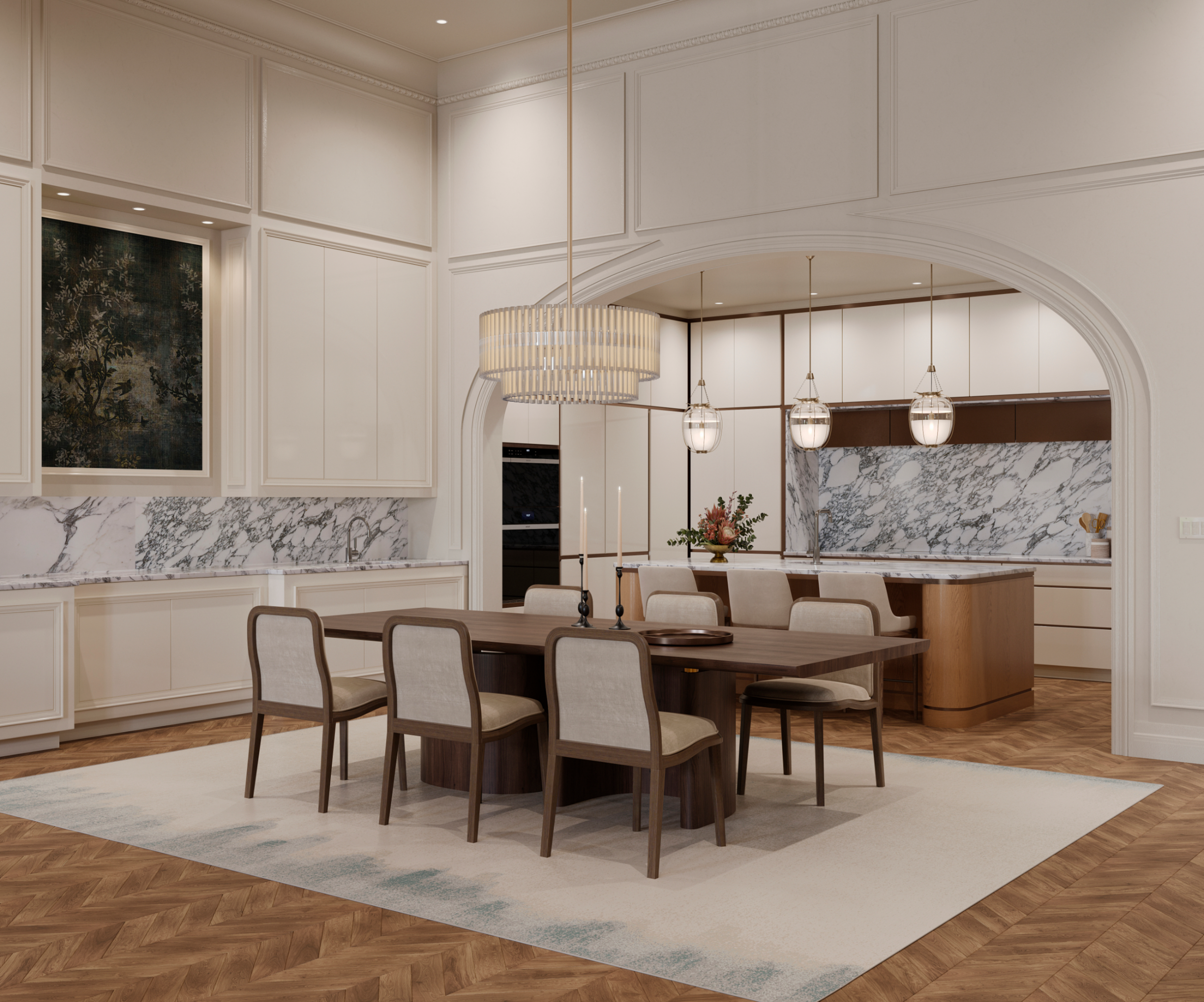 Jordan Mansion open concept kitchen and dining room with Corchia Arabescato marble and Sub-Zero Wolf appliances