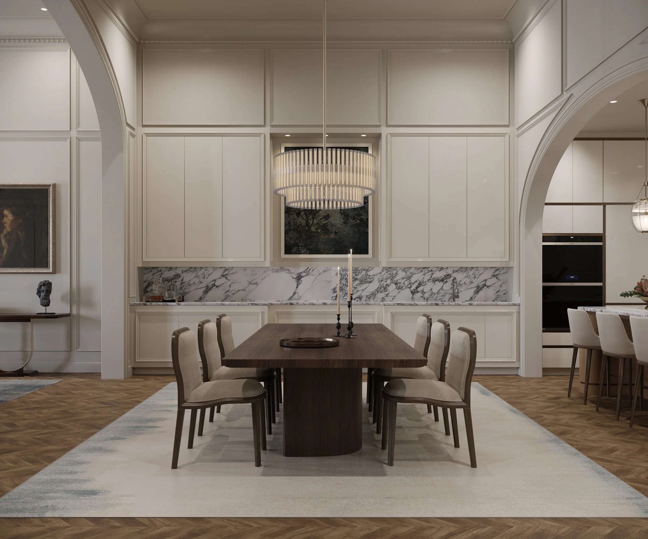 Jordan Mansion formal dining room with restored fireplace chevron floors and elegant plasterwork