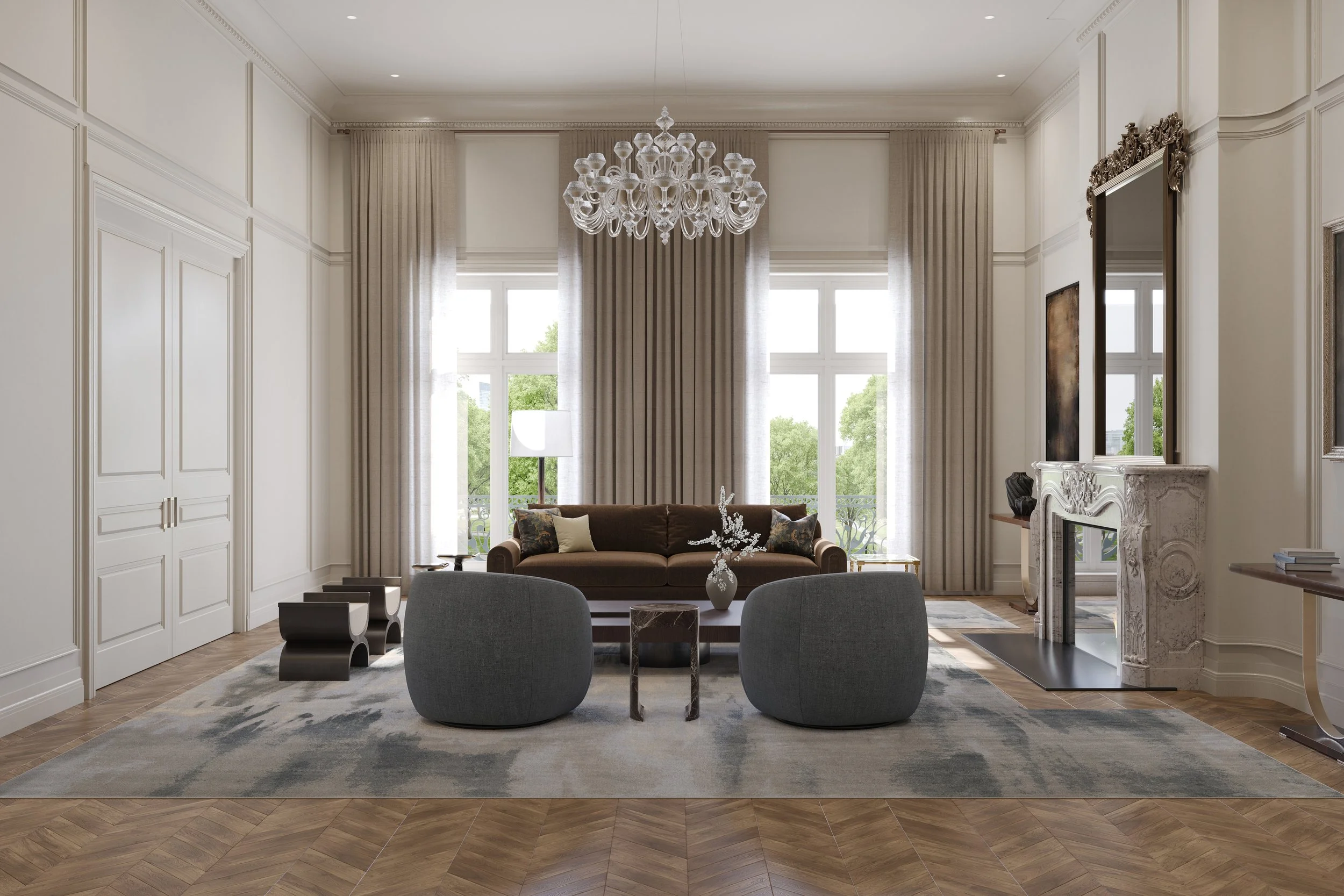 Jordan Mansion new construction condo living room with restored plasterwork and panoramic Boston Common views