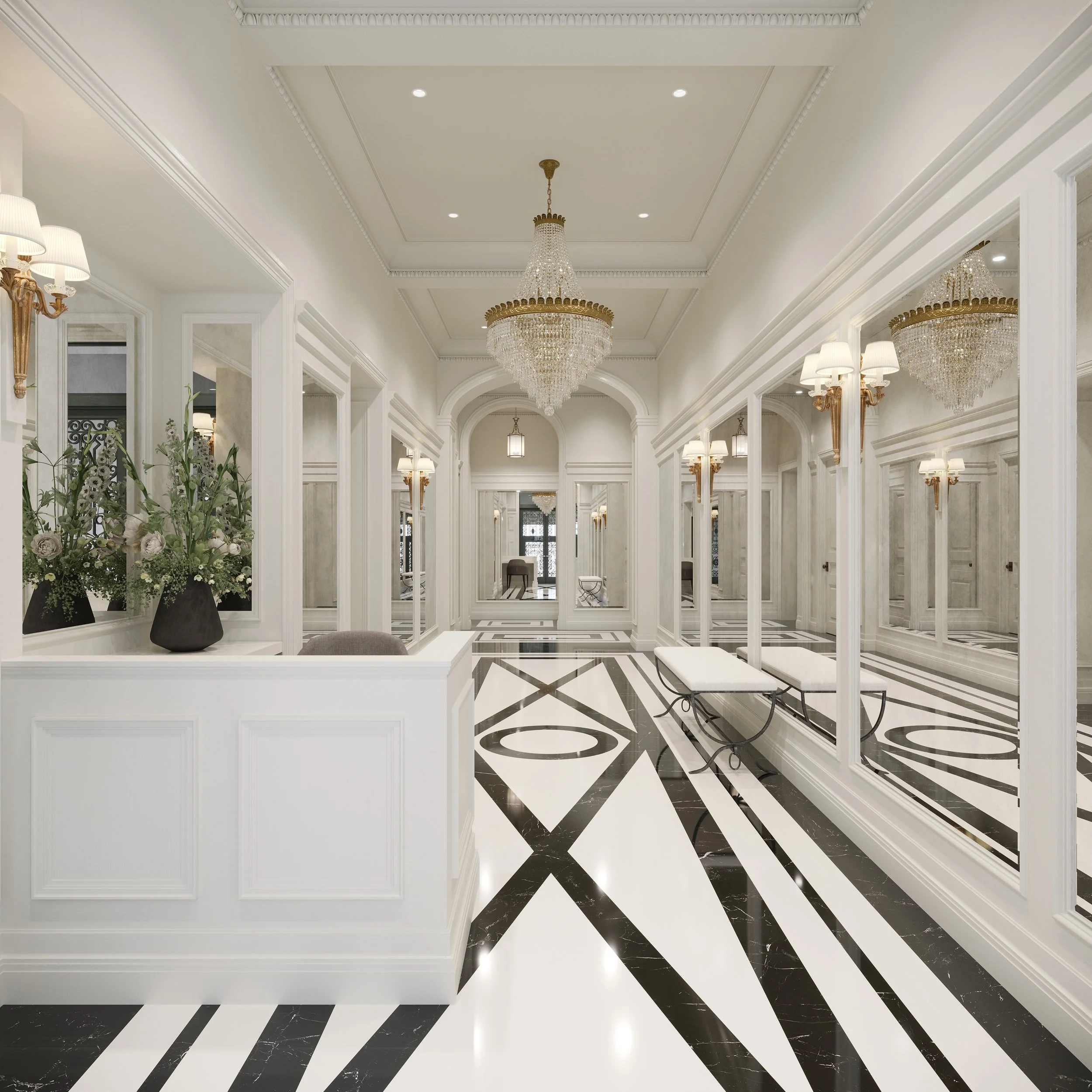Jordan Mansion 46 Beacon Street Boston grand lobby with restored architectural details and marble floors