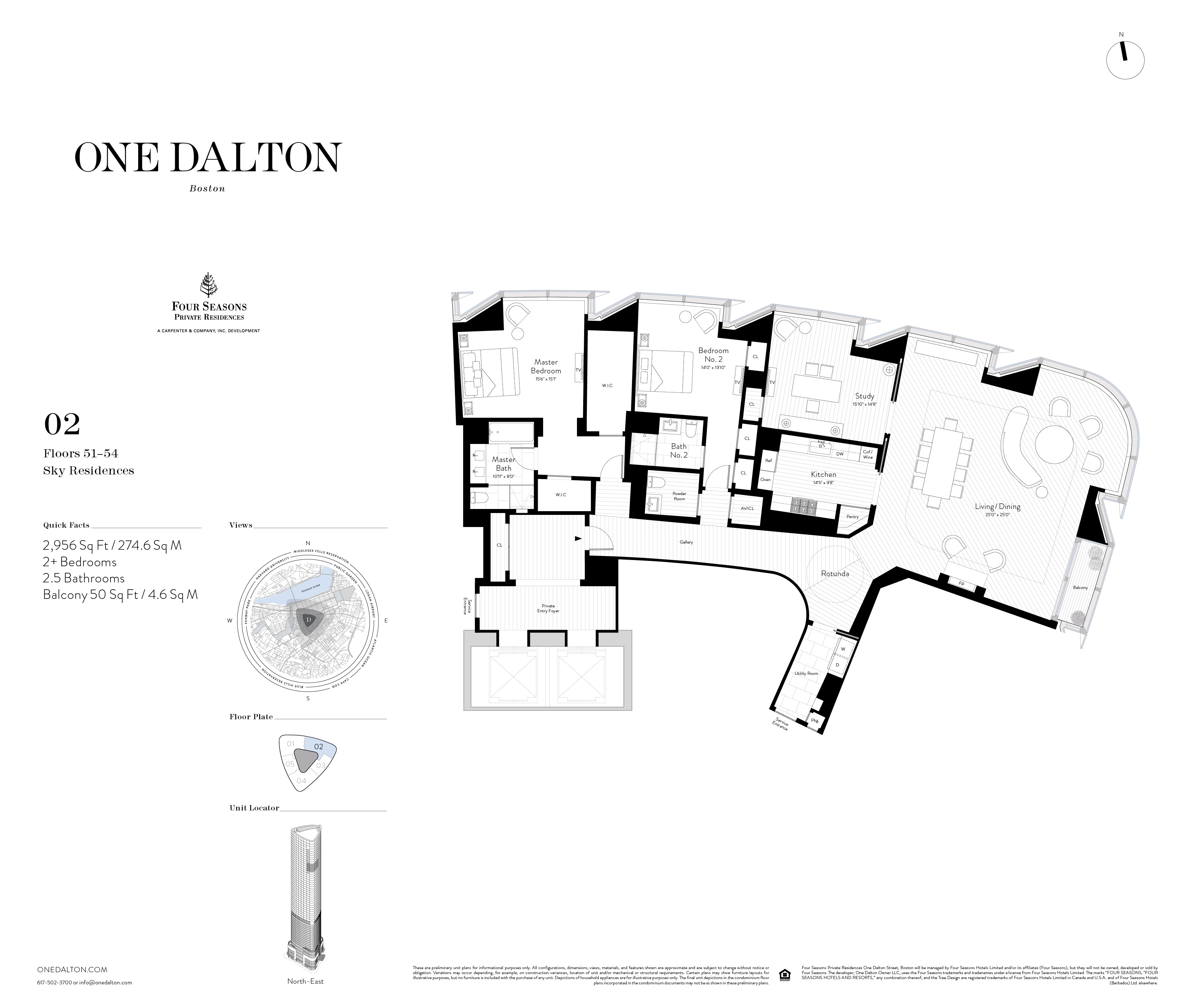 One Dalton Boston Sky Residence 02B Floor Plan – 2,956 SF + Balcony