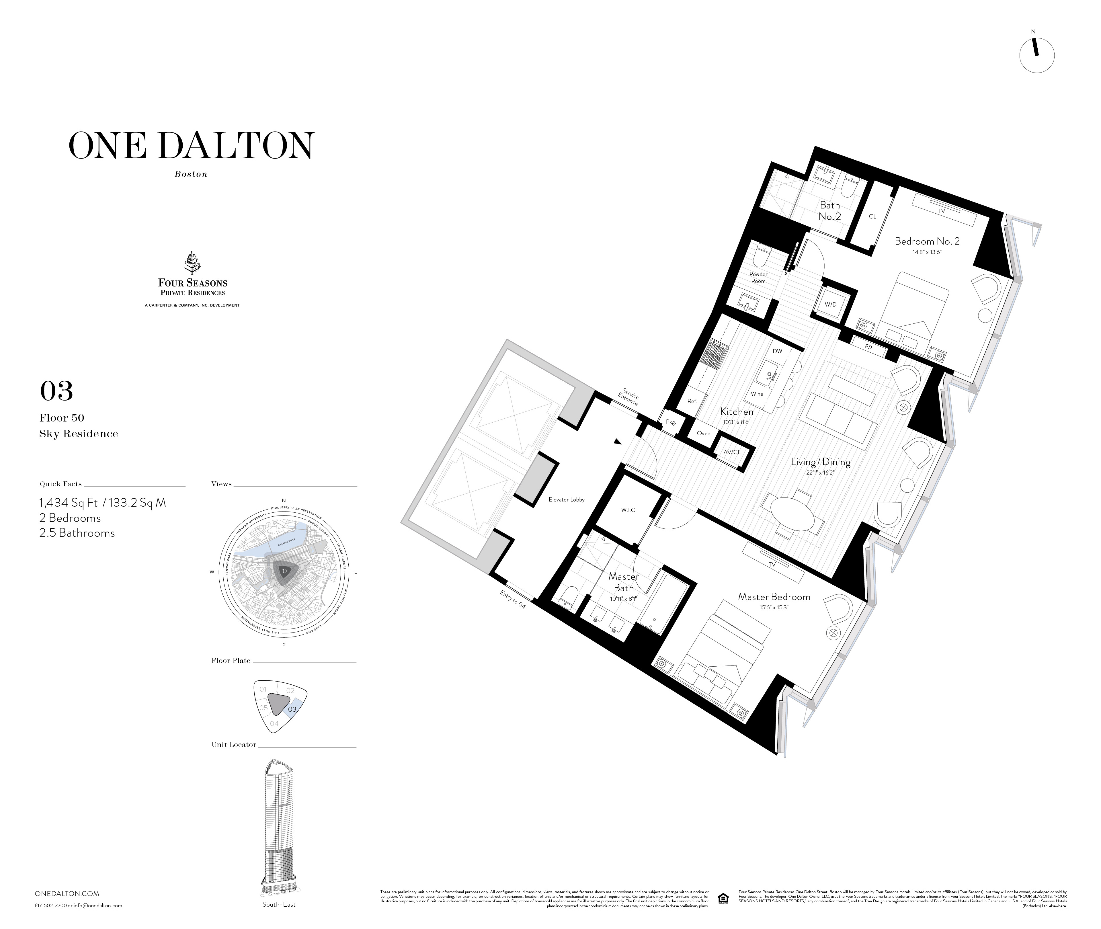One Dalton Boston Sky Residence 03B Floor Plan – 1,434 SF