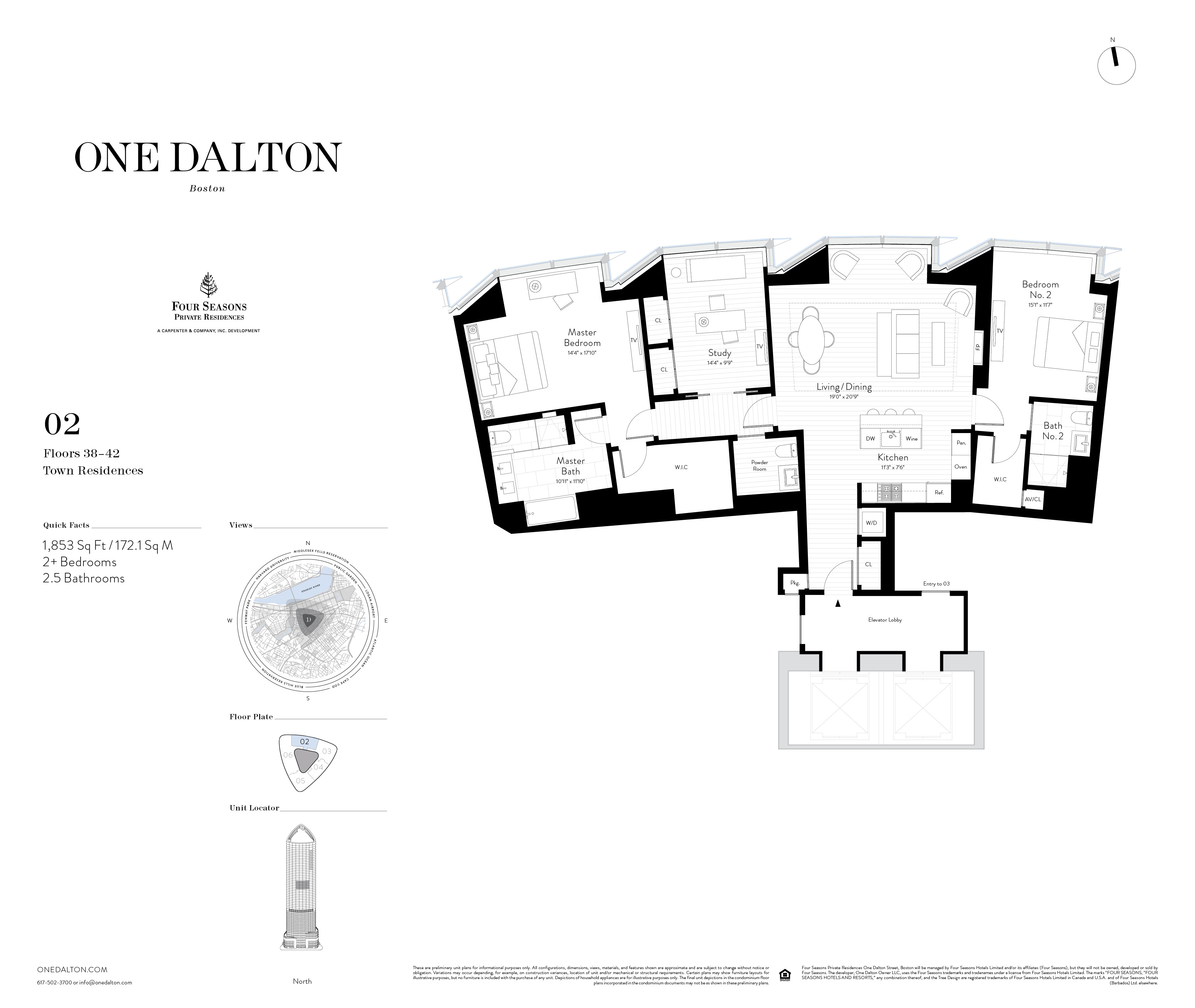 One Dalton Boston Town Residence 02B Floor Plan – 1,853 SF