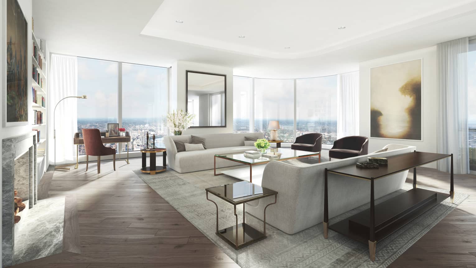 Luxury residence living room with panoramic Boston views at One Dalton Four Seasons Private Residences