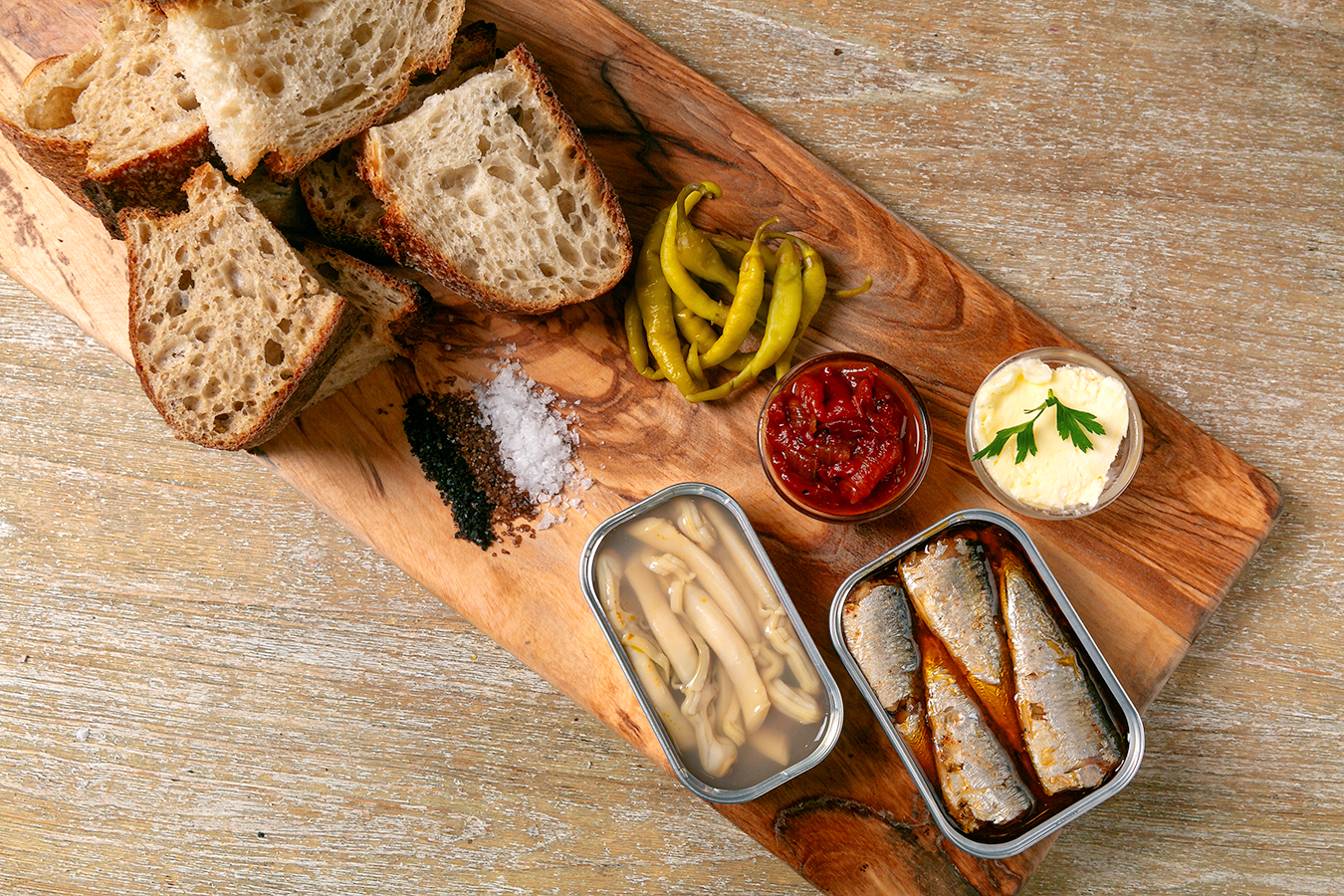 Saltie Girl tinned fish board with premium imported tinned seafood Back Bay Boston